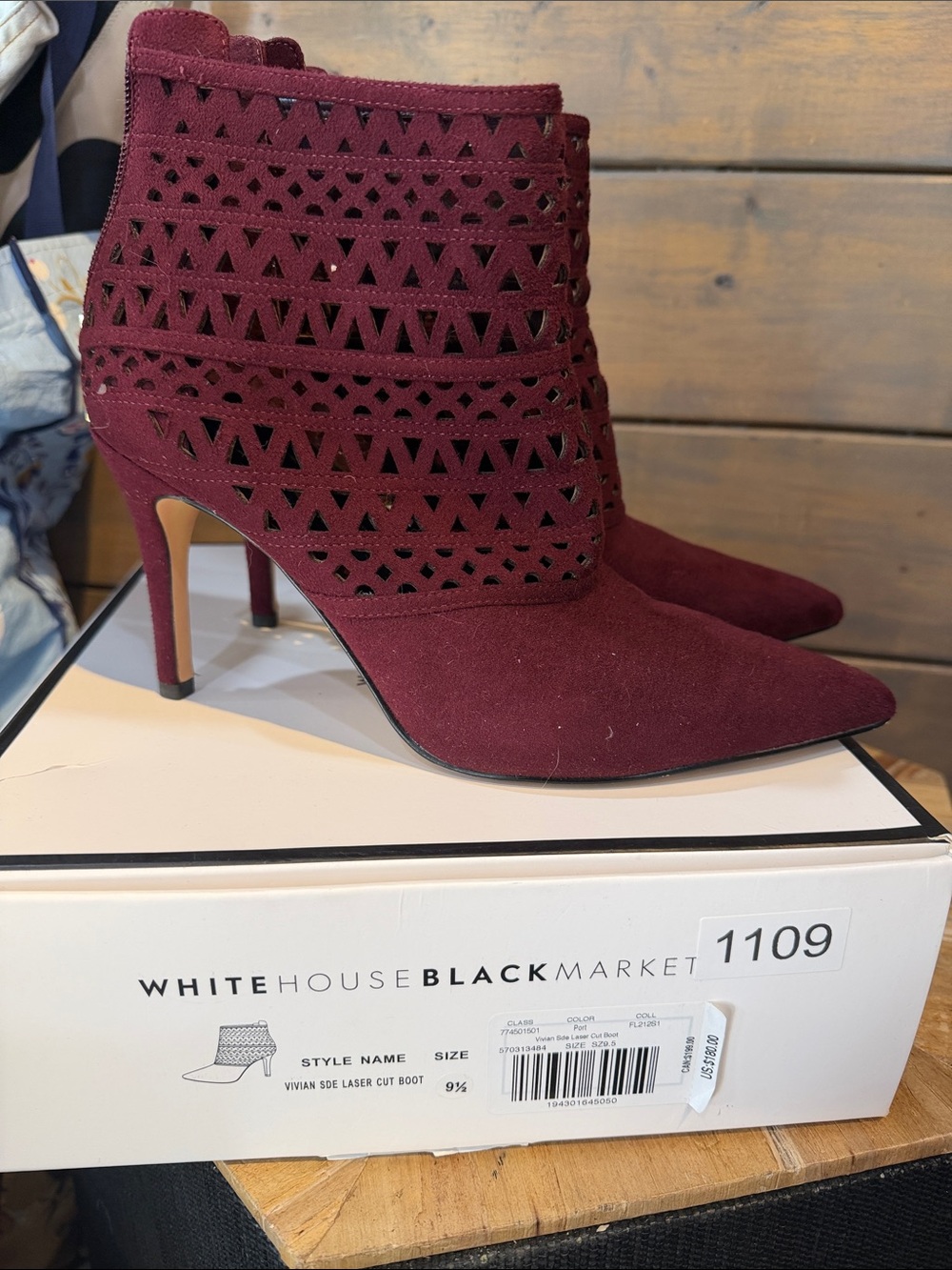 White House Black Market Burgundy Suede Laser-Cut Ankle Booties